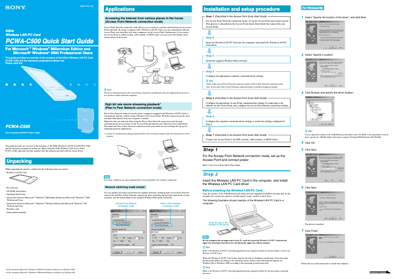 Page 1 de la notice Guide d'installation Sony PCWA-C500