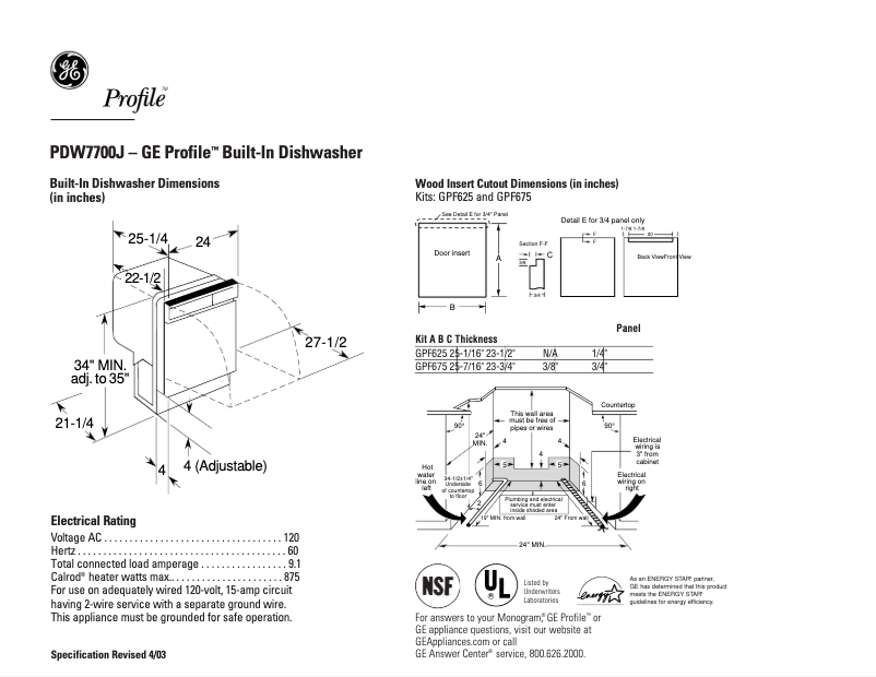 Page n°1 - Fiche technique GE Profile PDW7700JWW