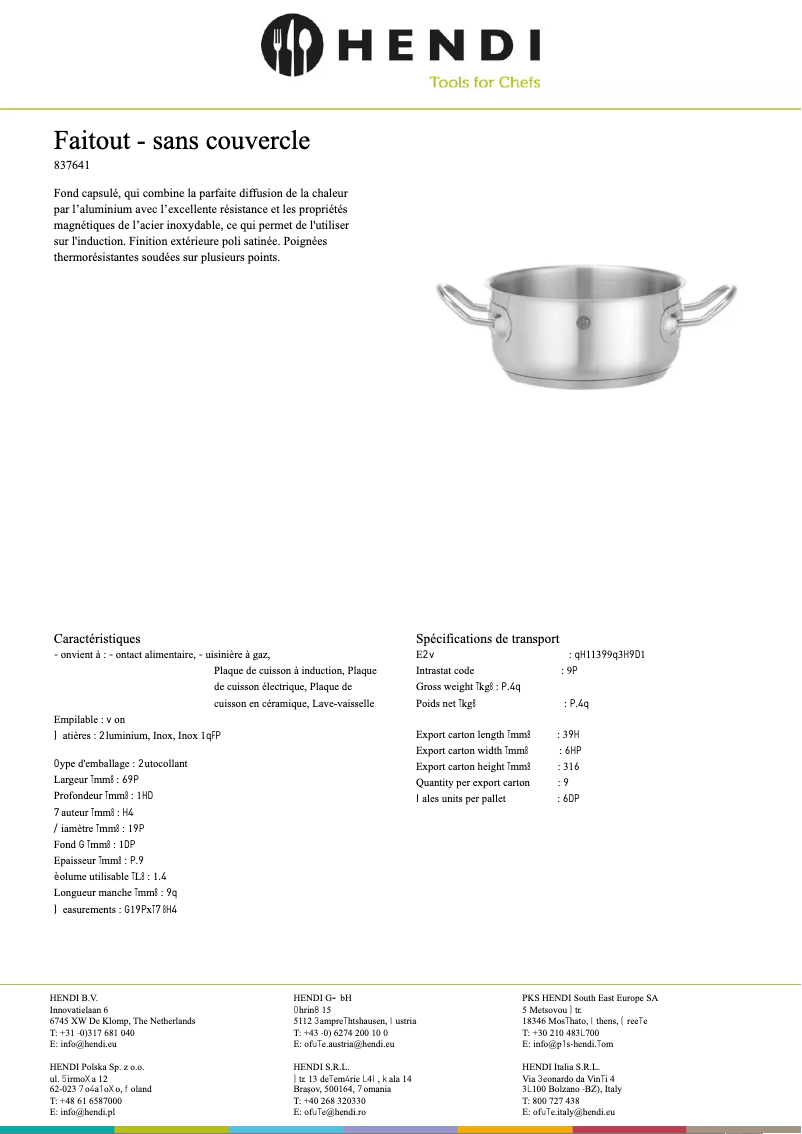 Page 1 de la notice Fiche technique Hendi 837665