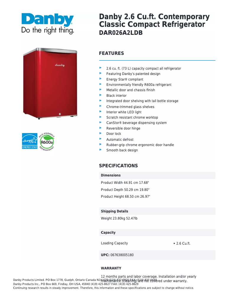 Page 1 de la notice Fiche technique Danby DAR026A2LDB