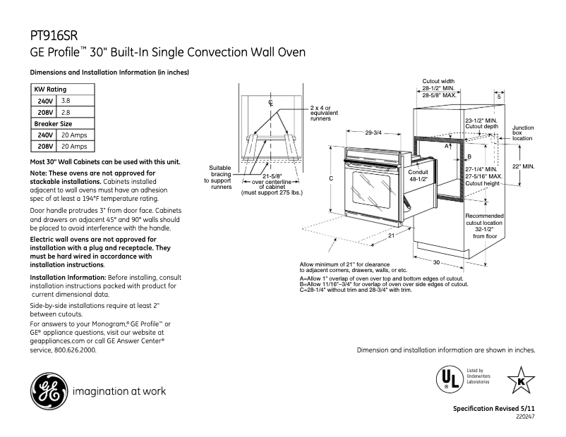 Page 1 de la notice Fiche technique GE PT916SRSS