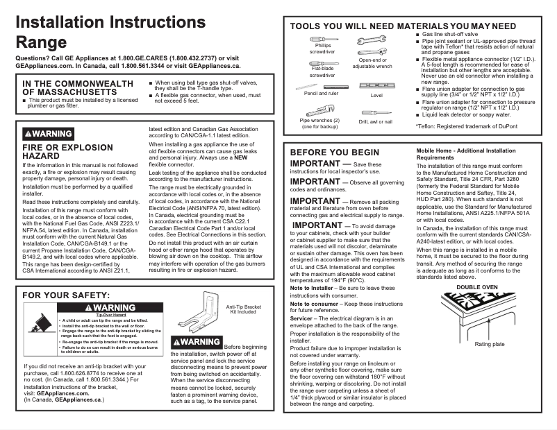 Page 1 de la notice Guide d'installation GE Profile PGS960YPFS