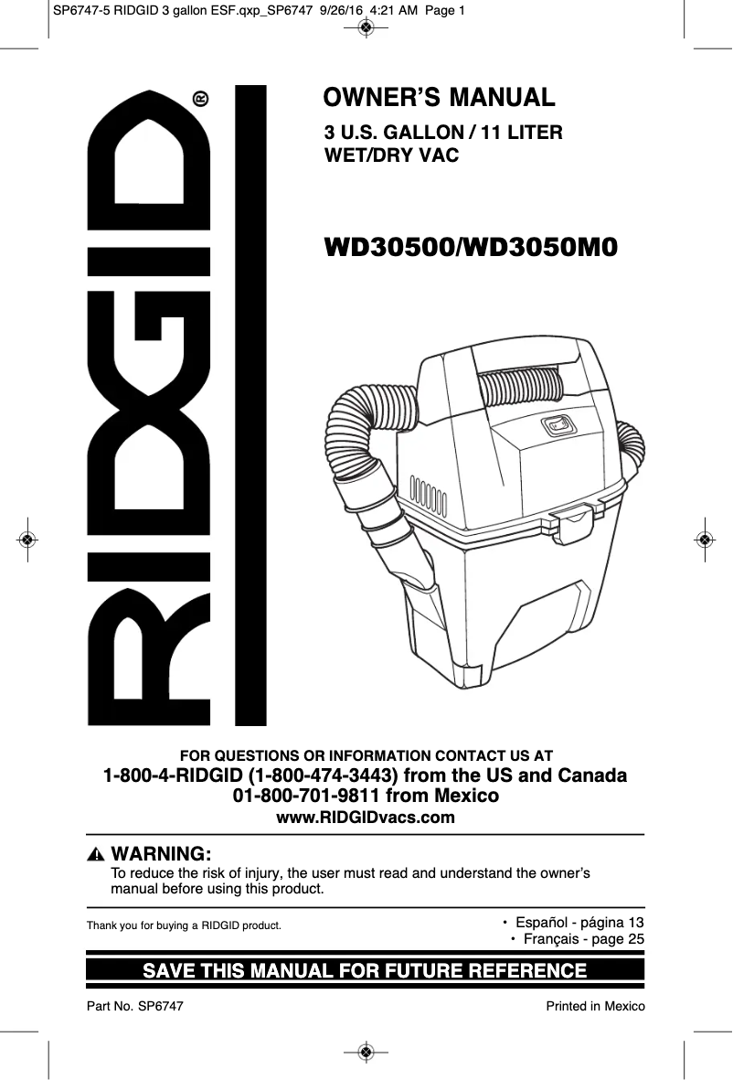 Page n°1 - Manuel utilisateur Ridgid WD3050M