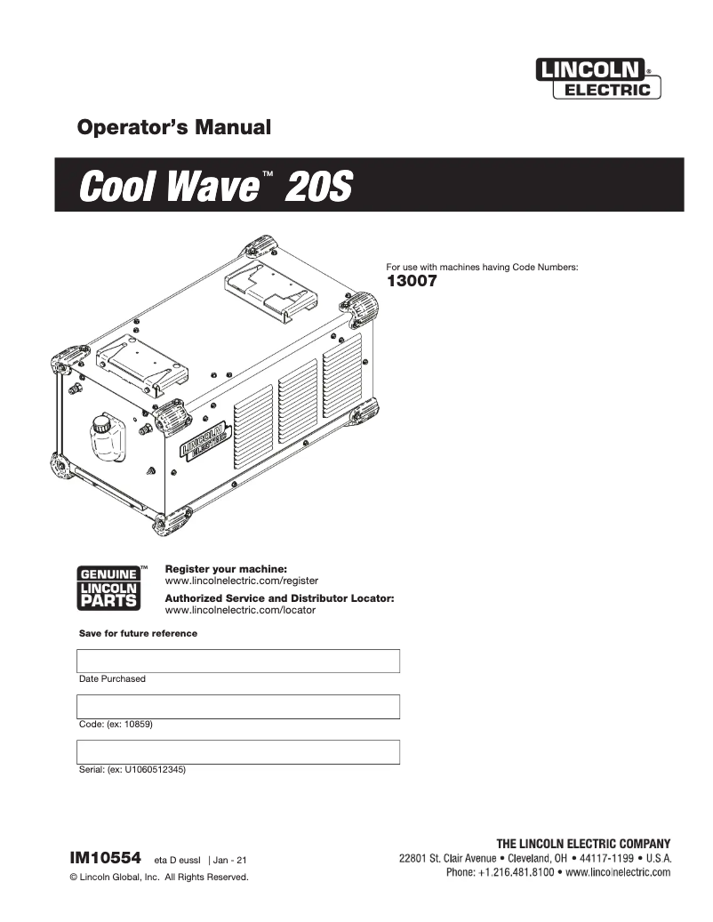 Page 1 de la notice Manuel utilisateur Lincoln Electric Cool Wave 20S