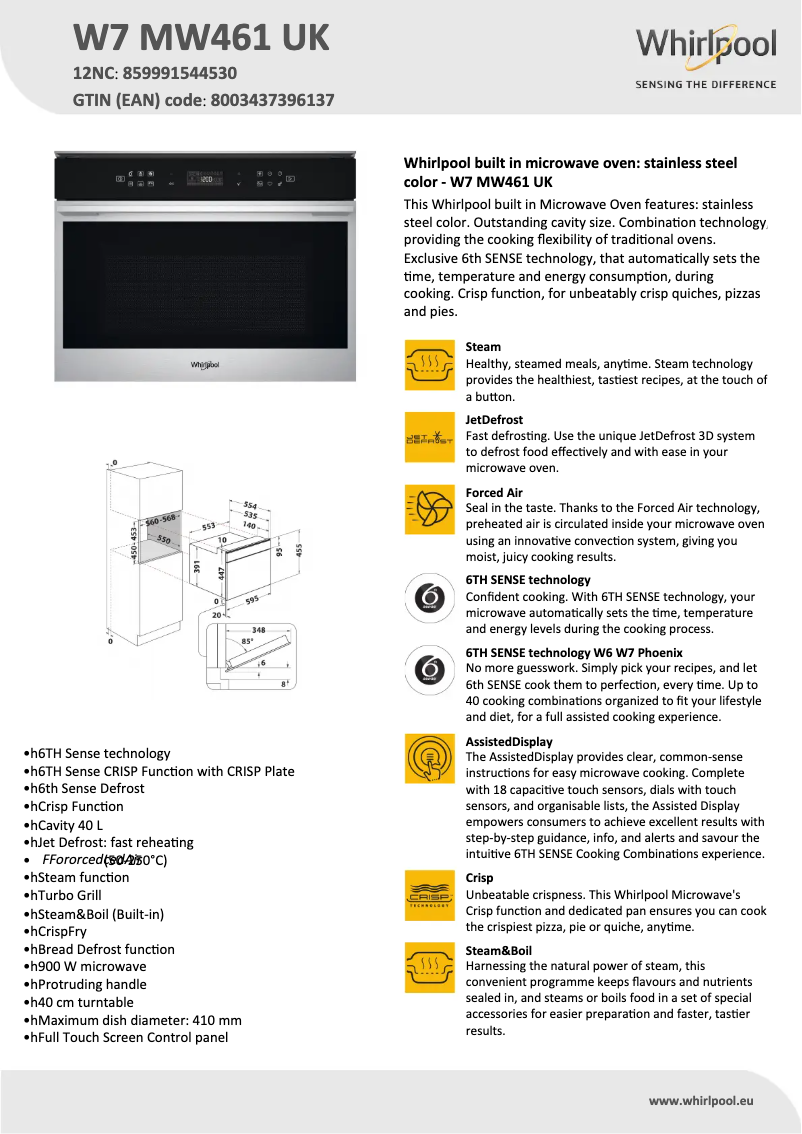 Page n°1 - Fiche technique Whirlpool W7MW461UK