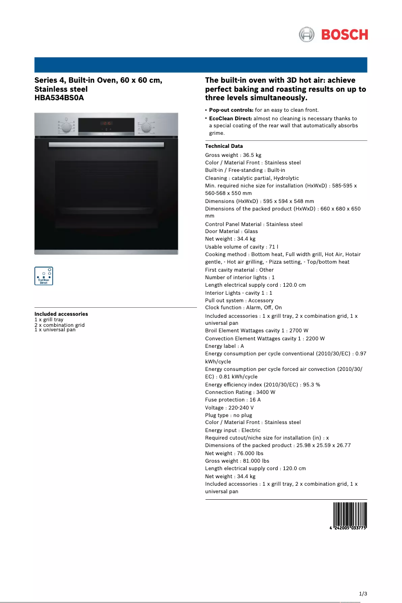 Page 1 de la notice Fiche technique Bosch HBA534BS0A