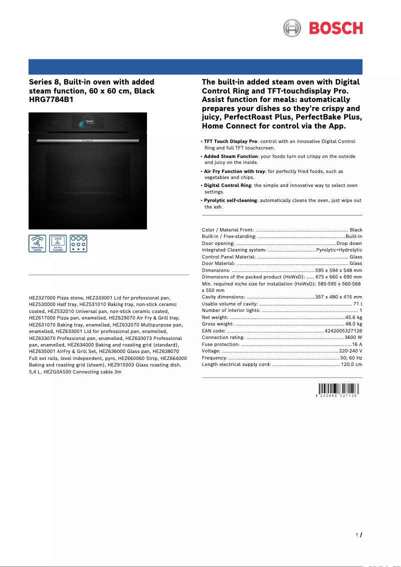 Page 1 de la notice Fiche technique Bosch HRG7784B1