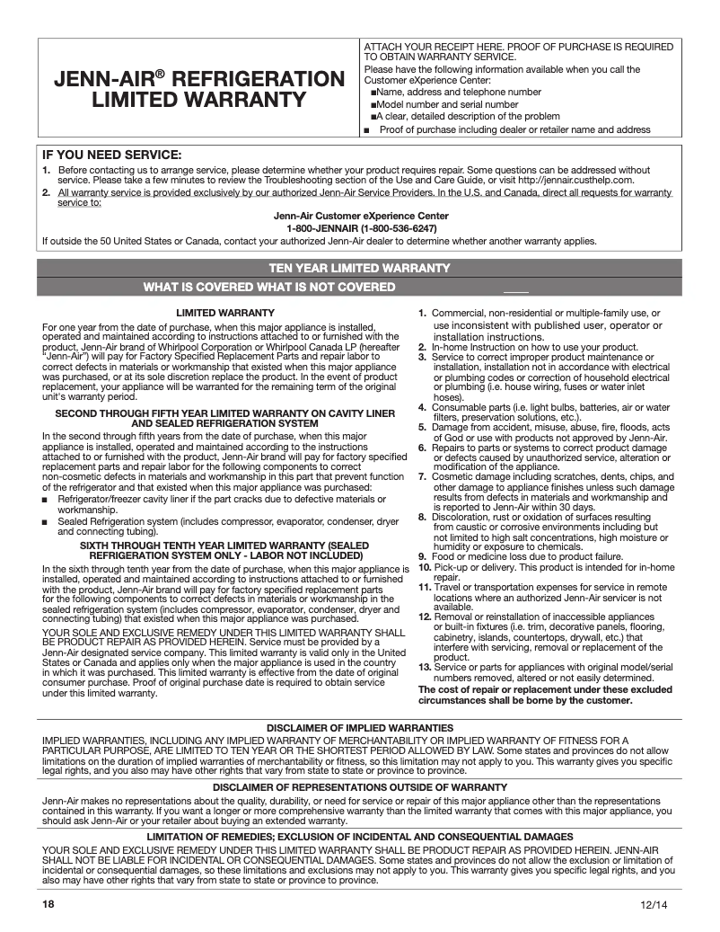 Page n°1 - Informations de garantie JennAir JFC2290REY