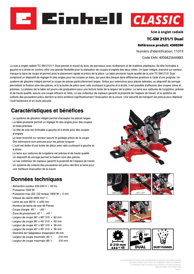 Page 1 de la notice Fiche technique Einhell TC-SM 2131/1 Dual