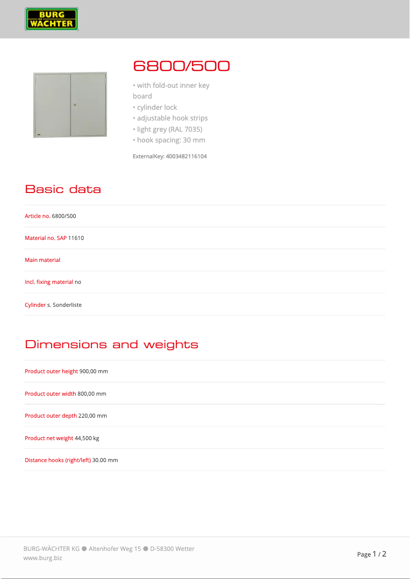 Page 1 de la notice Fiche technique Burg Wächter 6800/300