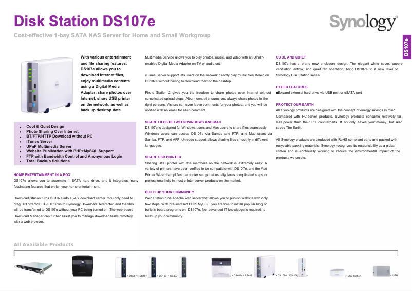 Page 1 de la notice Fiche technique Synology DiskStation DS107e