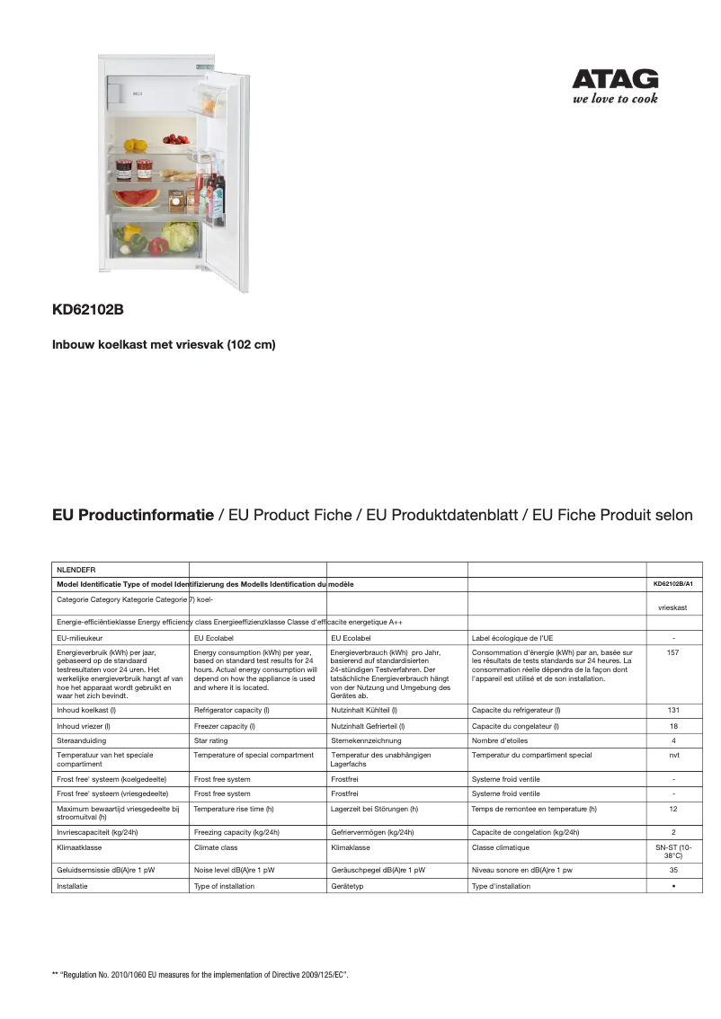 Page 1 de la notice Fiche technique Atag KD62102B
