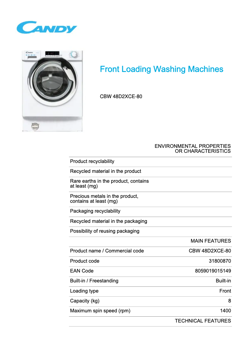 Page 1 de la notice Fiche technique Candy CBW 48D2XCE-80
