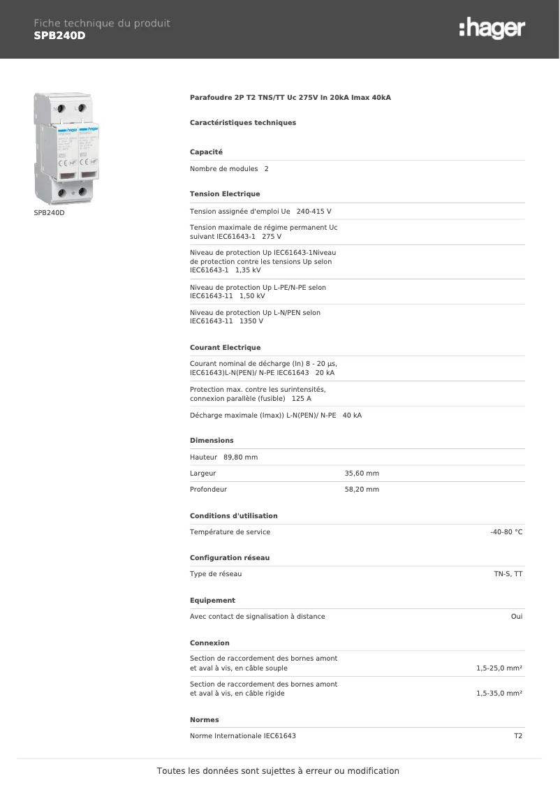 Page 1 de la notice Fiche technique Hager SPB240D