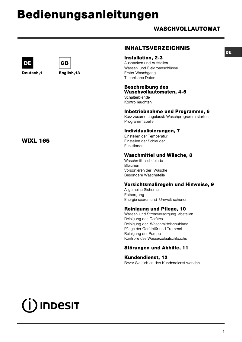 Page n°1 - Manuel utilisateur Indesit WIXL 165 (DE) (V)