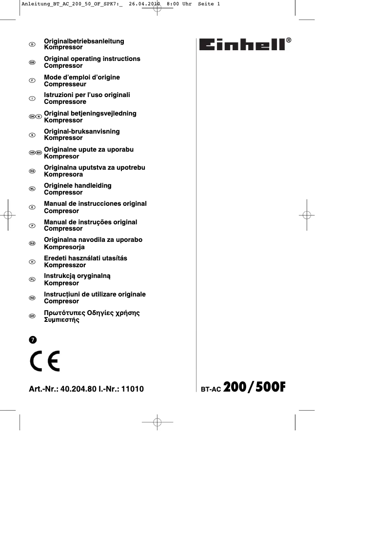 Page n°1 - Mode d'emploi Einhell BT-AC 200/50 OF