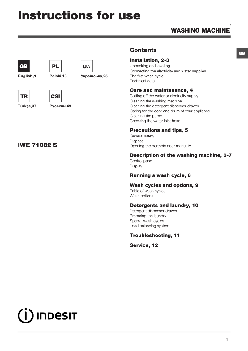 Page 1 de la notice Manuel utilisateur Indesit IWE 71082 S C ECO (EU)