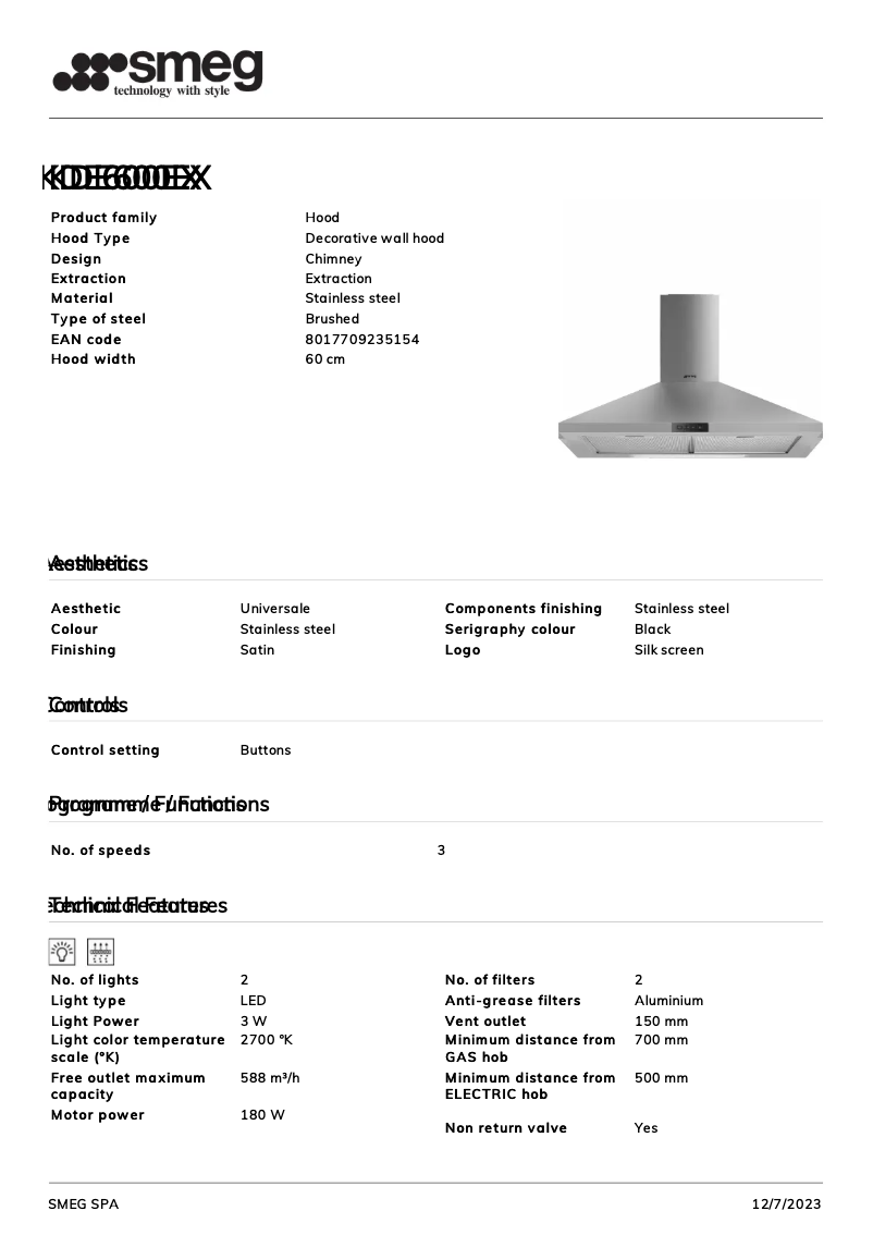 Page n°1 - Fiche technique Smeg KDE600EX