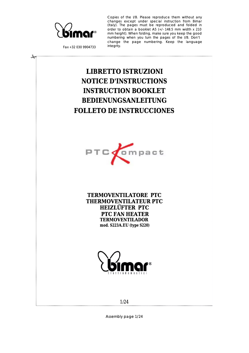 Page 1 de la notice Manuel utilisateur Bimar S223A.EU