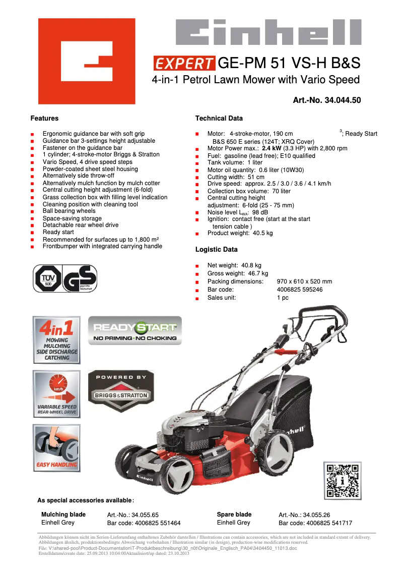 Page 1 de la notice Manuel utilisateur Einhell GE-PM 51 VS-H B&S