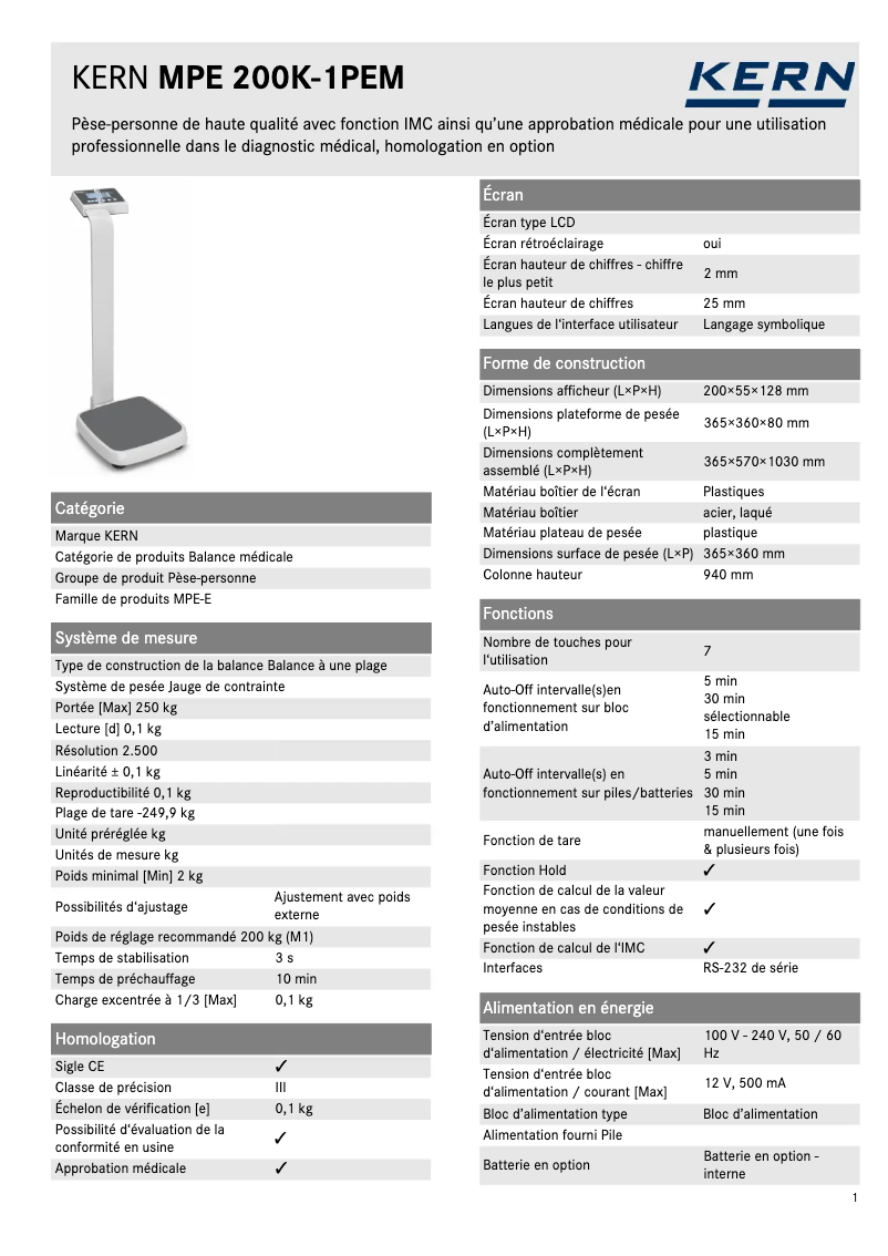 Page 1 de la notice Fiche technique Kern TMPE 250K-1PEM-A