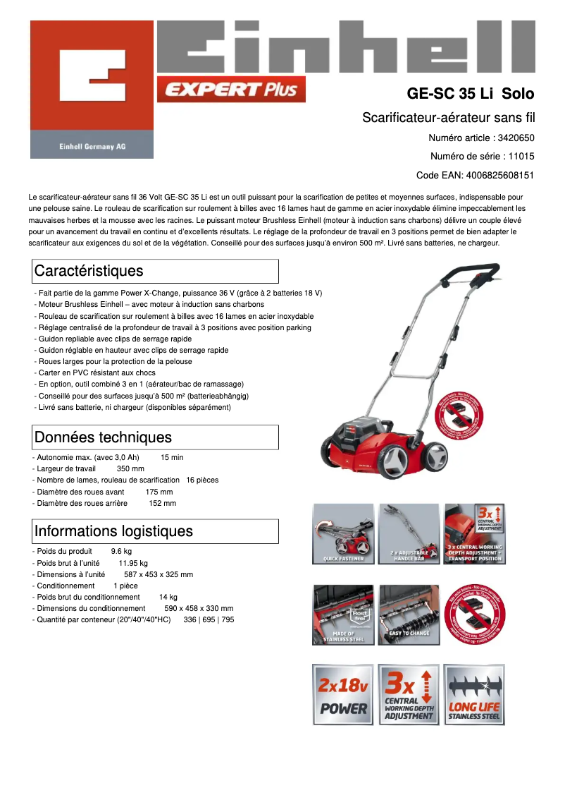 Page 1 de la notice Fiche technique Einhell GE-SC 35/1 Li-Solo