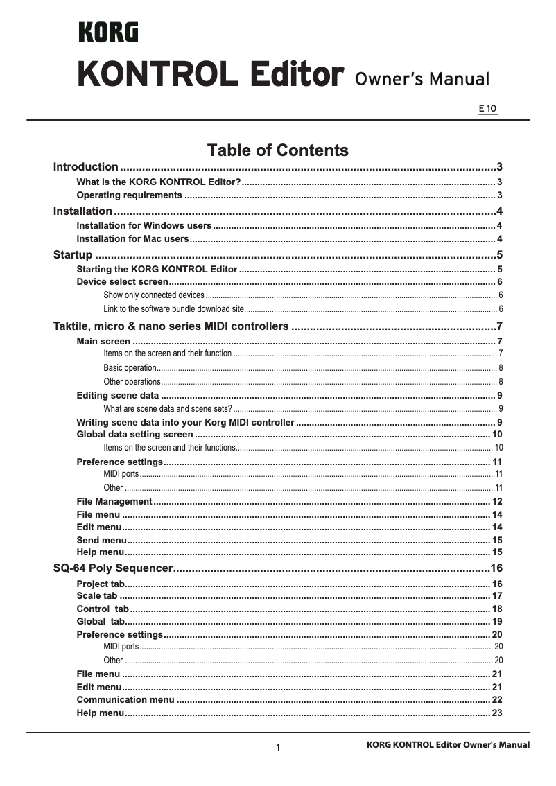 Page n°1 - Manuel utilisateur Korg nanoKONTROL