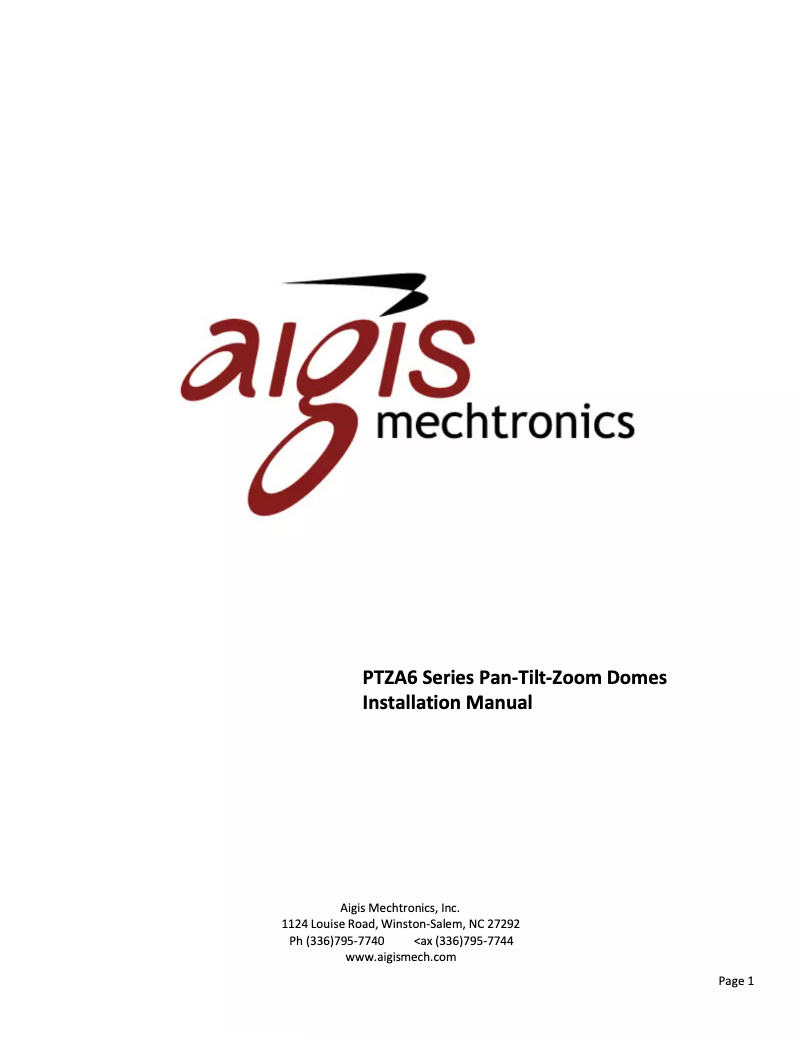 Page 1 de la notice Manuel utilisateur Aigis PTZA6-1P23H
