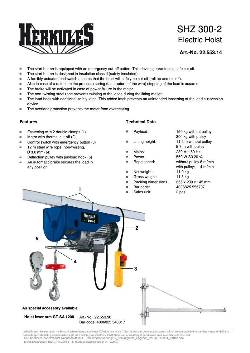 Page 1 de la notice Fiche technique Herkules SHZ 300-2