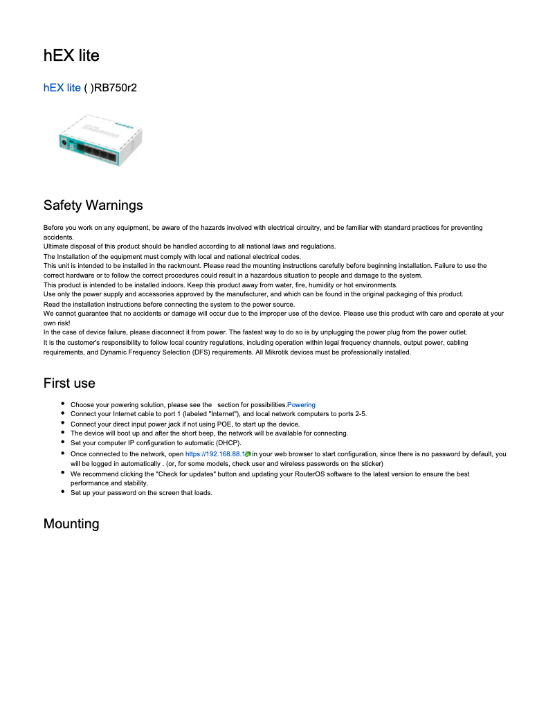 Page n°1 - Manuel utilisateur Mikrotik hEX lite