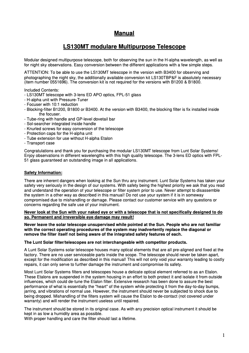 Page 1 de la notice Manuel utilisateur Lunt Solar Systems LS130MT