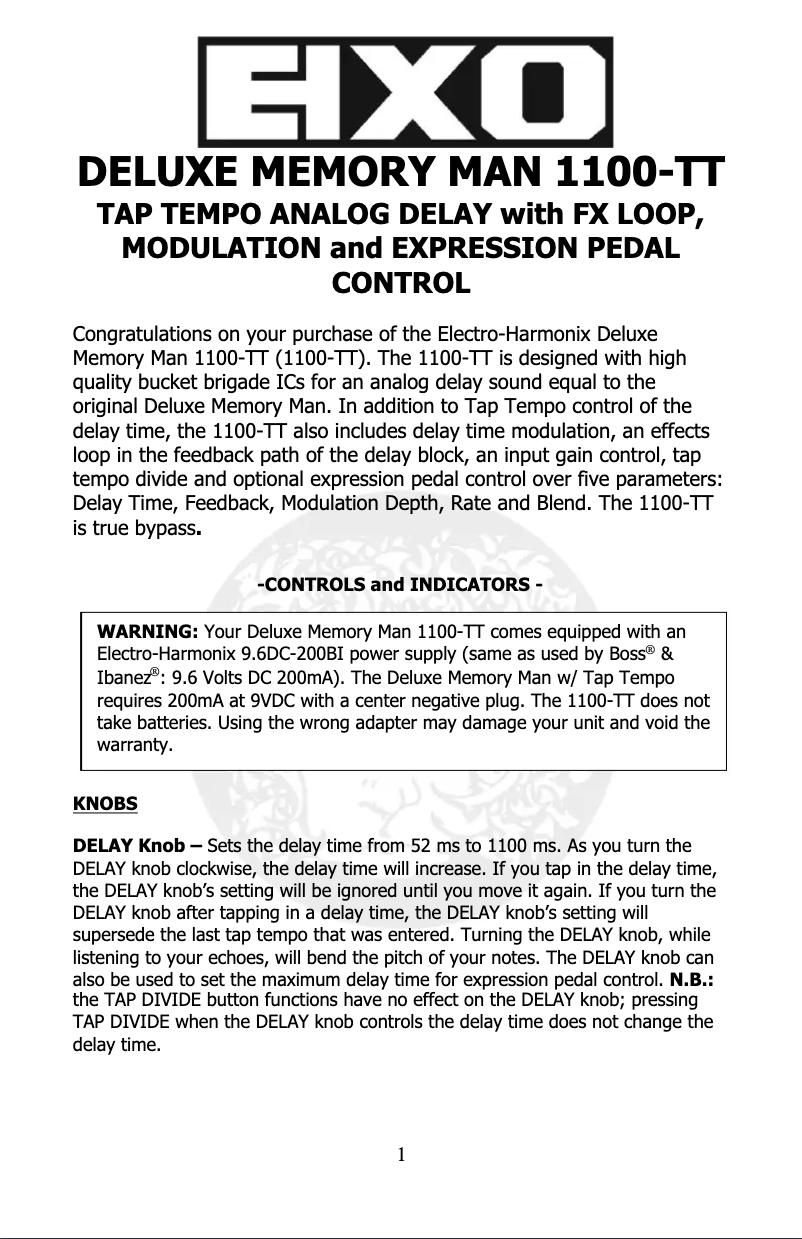 Page n°1 - Manuel utilisateur Electro Harmonix Deluxe Memory Man 1100-TT