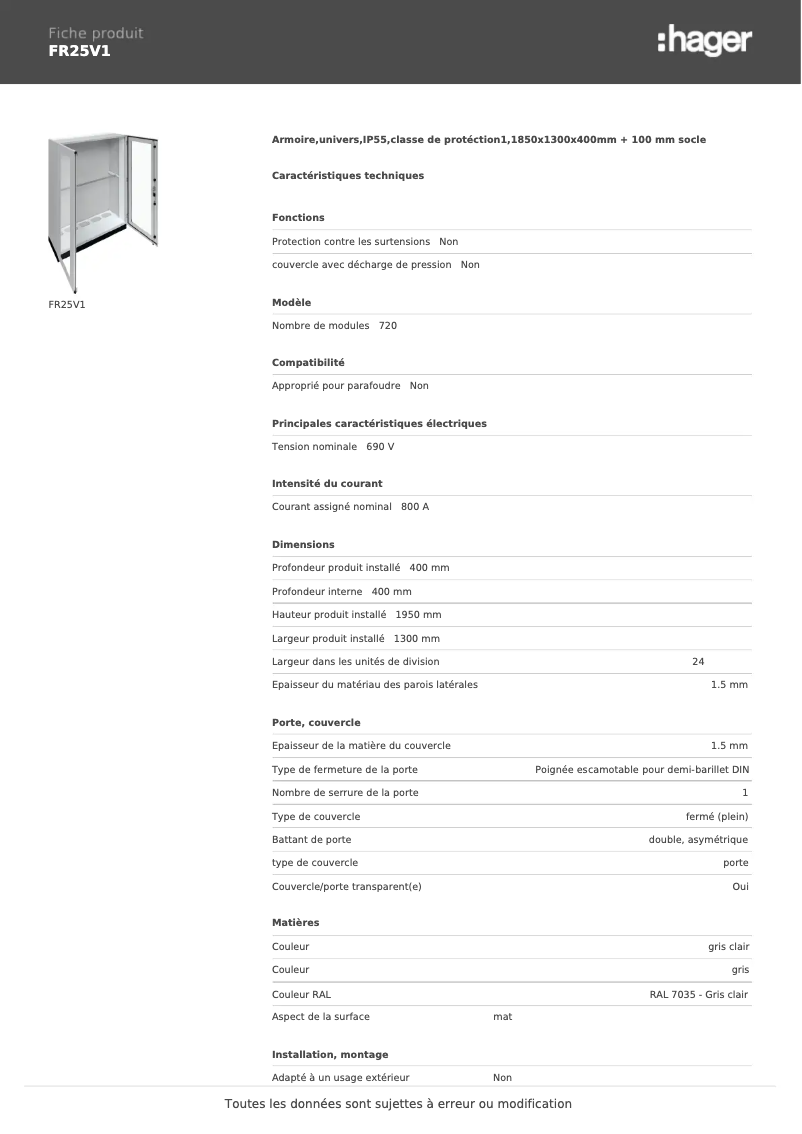Page n°1 - Fiche technique Hager FR25V1