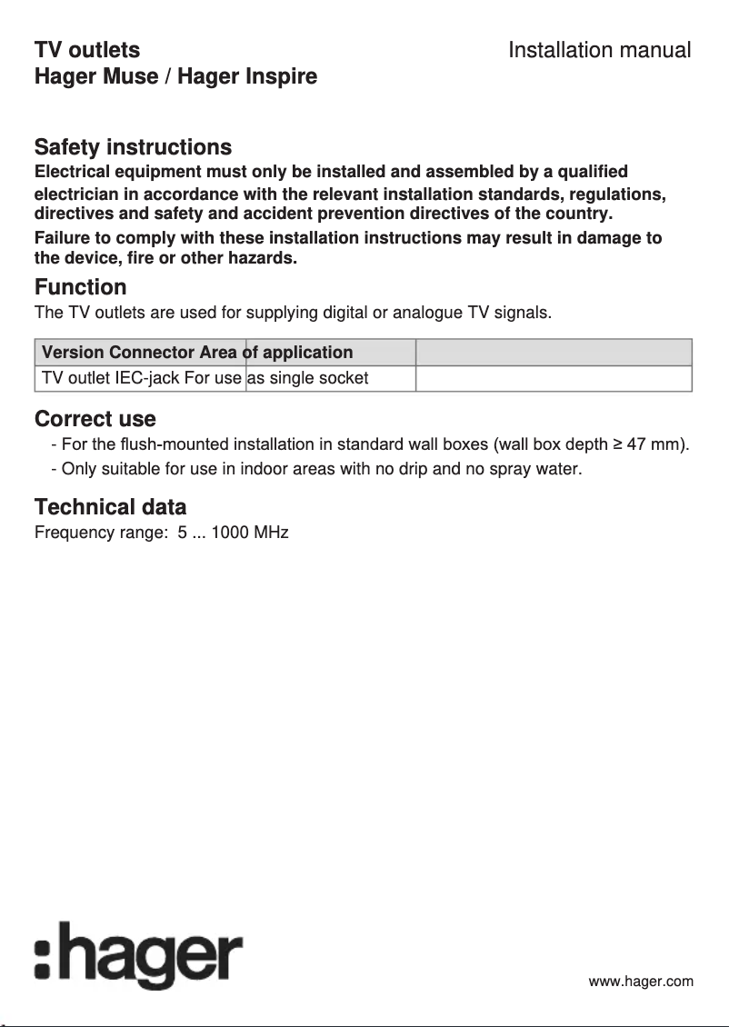 Page n°1 - Manuel utilisateur Hager WGCXT1TVAS