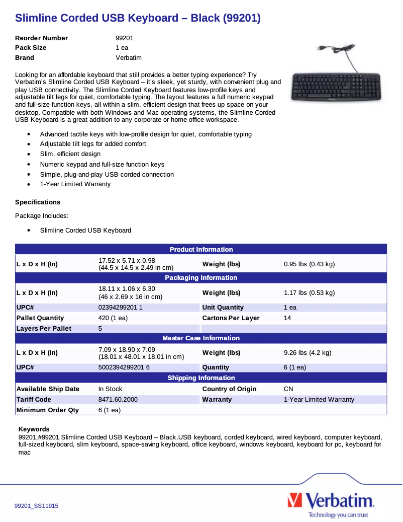 Page 1 de la notice Manuel utilisateur Verbatim Slimline Corded USB 99201