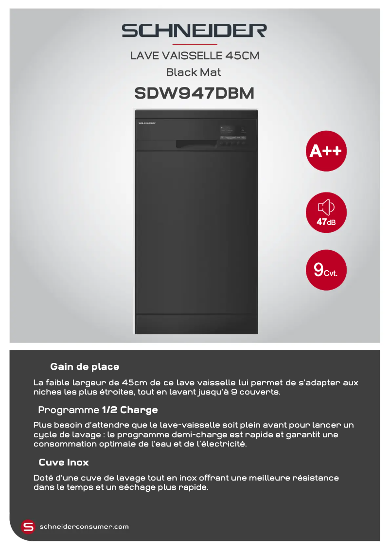 Page 1 de la notice Fiche technique Schneider SDW947DBM