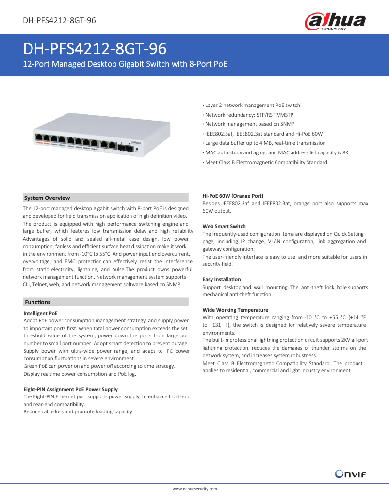 Page 1 de la notice Fiche technique Dahua Technology PFS4212-8GT-96