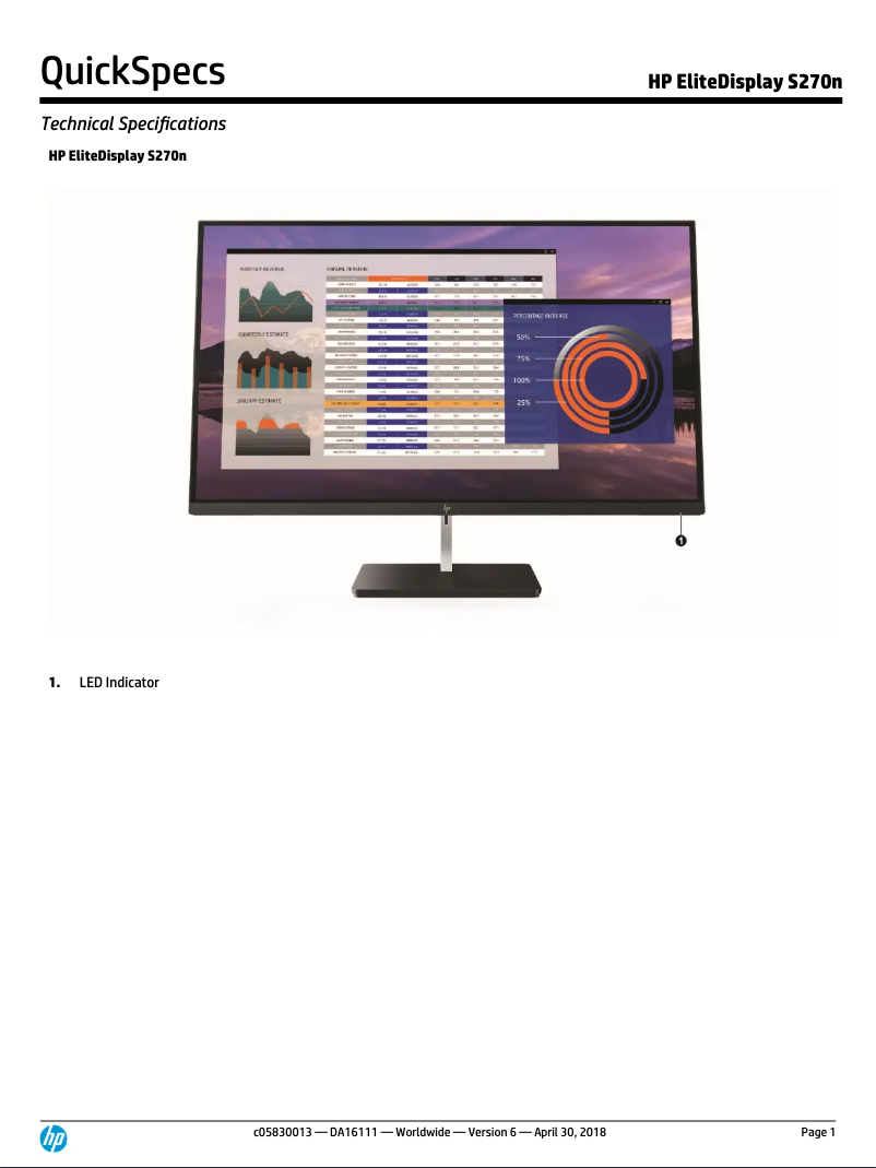 Page 1 de la notice Fiche technique HP EliteDisplay S270n