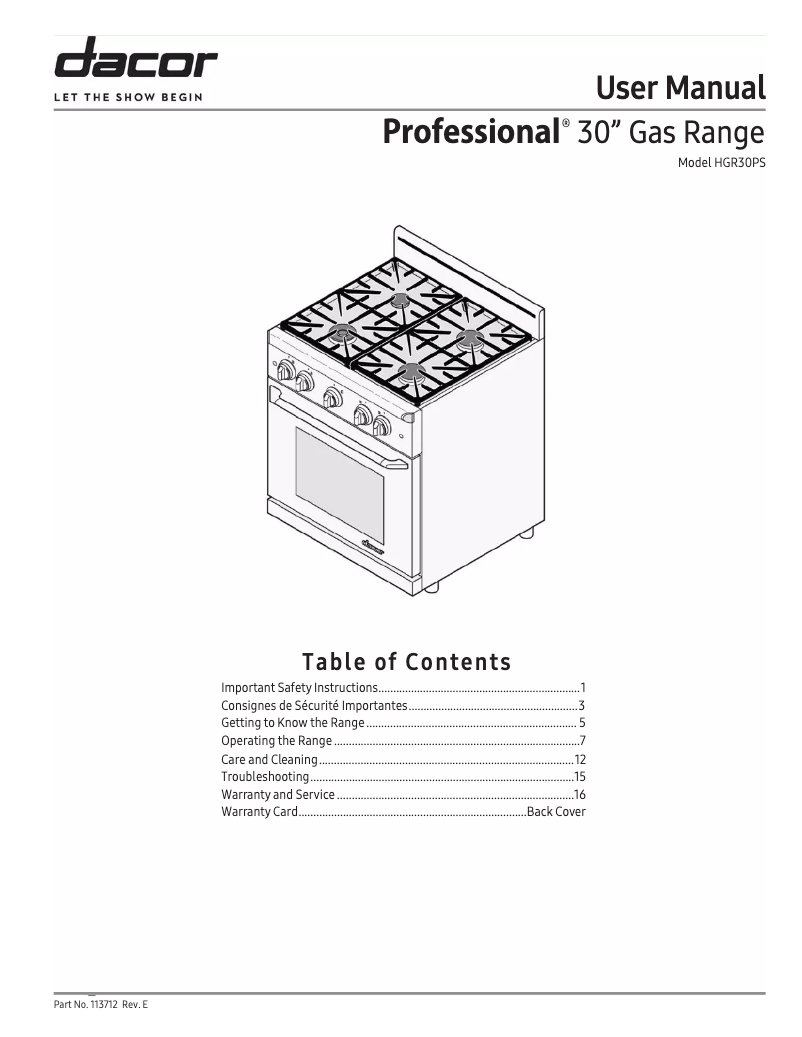 Page n°1 - Manuel utilisateur Dacor HGR30PS/NG