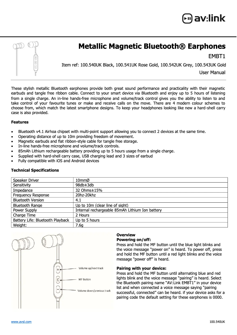 Page n°1 - Manuel utilisateur AV:link EMBT1