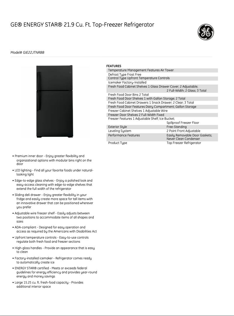 Page 1 de la notice Fiche technique GE GIE22JTNRBB