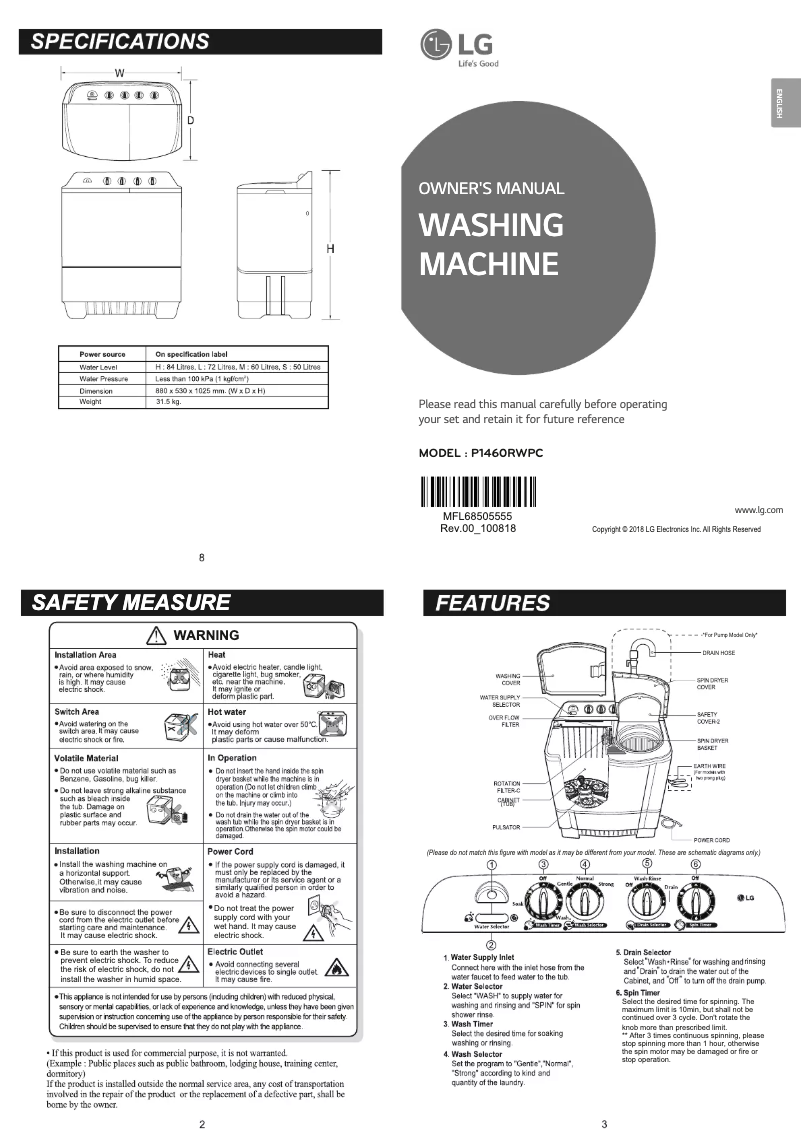 Page n°1 - Manuel utilisateur LG P1460RWPC