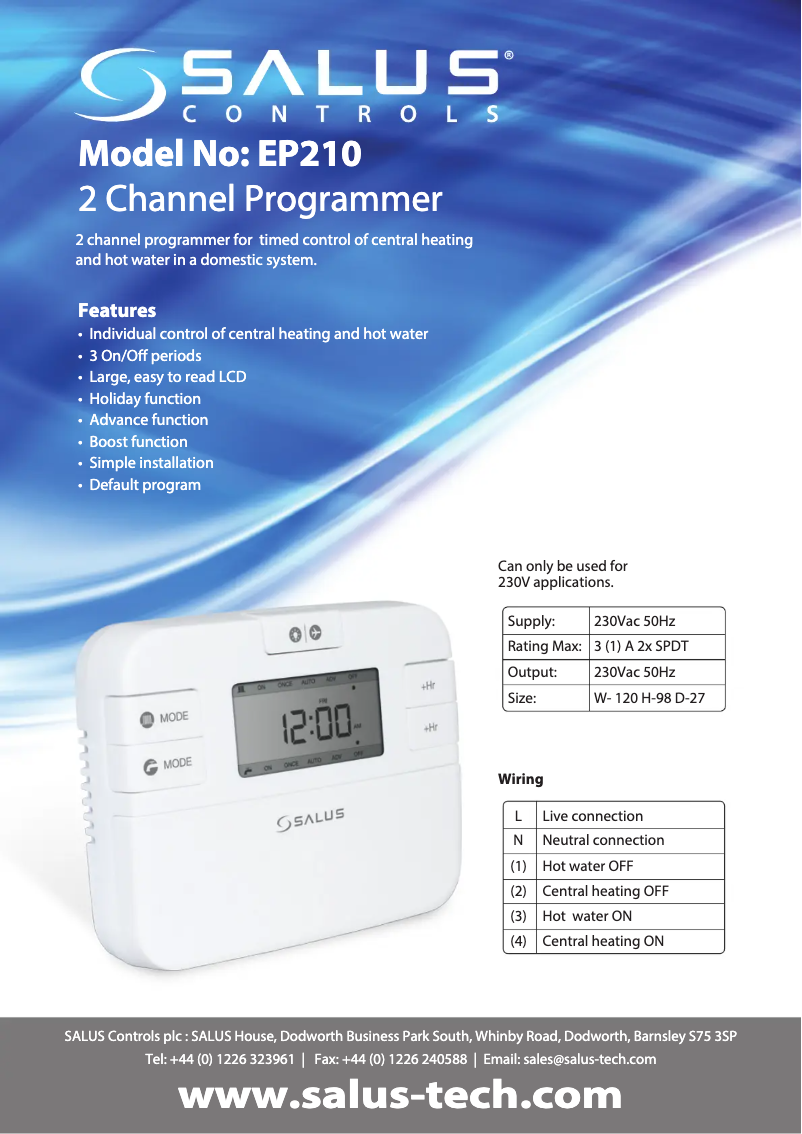 Page 1 de la notice Fiche technique Salus EP210