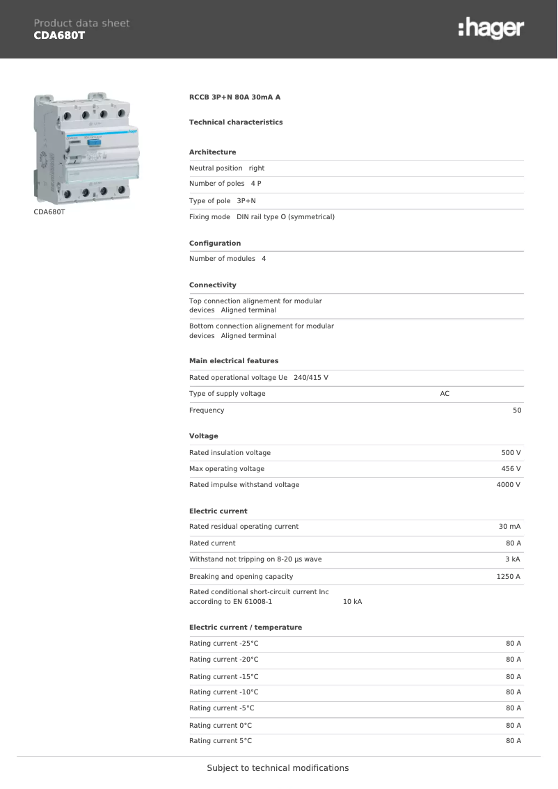 Page n°1 - Fiche technique Hager CDA680T