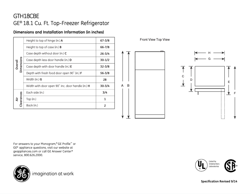 Page 1 de la notice Fiche technique GE GTH18CBEBB