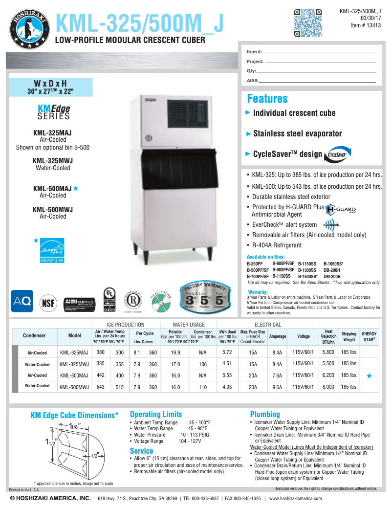 Page 1 de la notice Fiche technique Hoshizaki KML-325MWJ