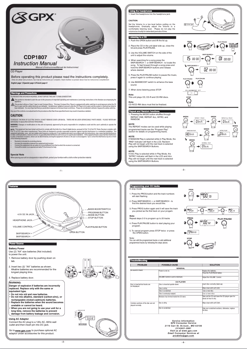 Page 1 de la notice Manuel utilisateur GPX CDP1807