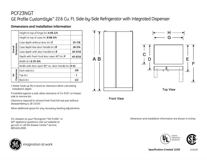 Page n°1 - Fiche technique GE PCF23NGTCC