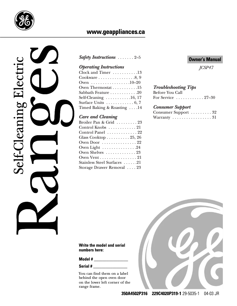 Page n°1 - Manuel utilisateur GE JCSP47BFBB