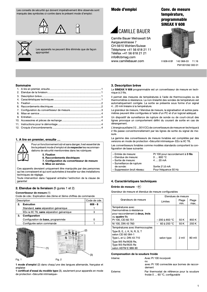 Page 1 de la notice Manuel utilisateur Camille Bauer Sineax V608